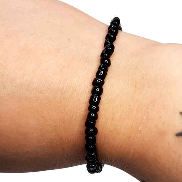 Black Beaded Stretch Bracelet Minimalist Basic 7" - Picture 1 of 3